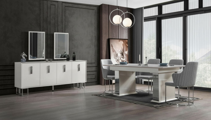 Esszimmer Set Weiß Garnitur Tisch Sideboard 4x Stühle Design Modern Möbel