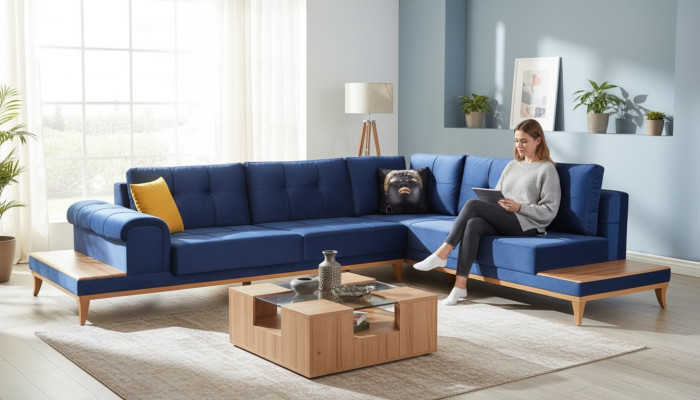 Ecksofa Blau Stoff L Form Sofa Couch Design Couch Polster Textil Modern Sofas