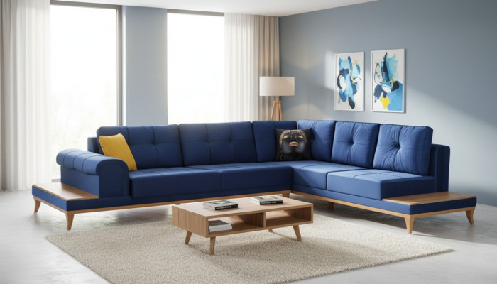 Ecksofa Blau Stoff L Form Sofa Couch Design Couch Polster Textil Modern Sofas