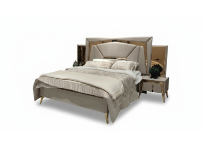 Schlafzimmerbett Bett Bettrahmen hohes Kopfteil Beige Gold Spiegel