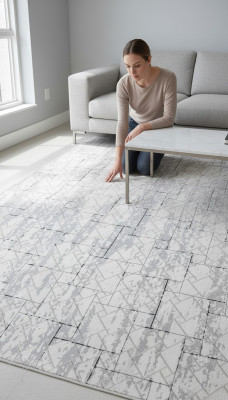 Teppich Kurz Flor Quadratischen Mustern Design Grau Wohnzimmer Flur