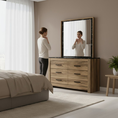 Schlafzimmer Kommode mit Spiegel modernen Stil elegante Möbel braune Holzmöbel