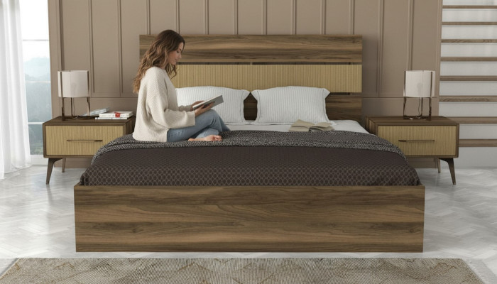 Schlafzimmer Schlafzimmereinrichtung Möbel Bett Nachttische Holzoptik 3tlg
