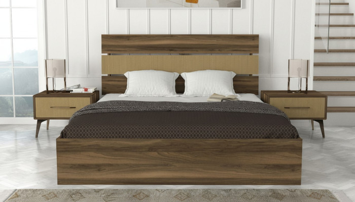 Schlafzimmer Schlafzimmereinrichtung Möbel Bett Nachttische Holzoptik 3tlg