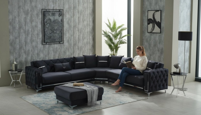 Ecksofa L form Sofa Polstersofa Stoffsofa Schwarz Couch Moderne Eck