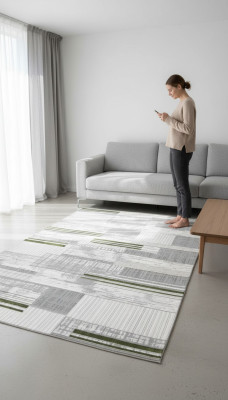 Teppich Wohnzimmerteppich Bodenteppich Kurz Flor Grün Linien Grau Teppiche