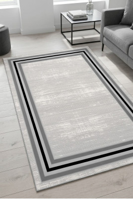 Teppich Bodenteppich Kurzflor Bordüre Ornament Grau Schwarz Flur Foyer Teppiche