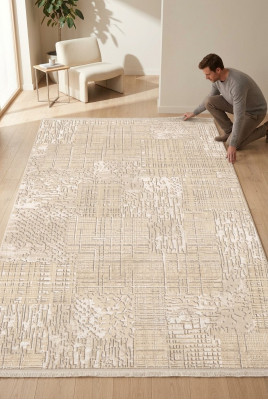 Beige Teppich Bodenteppich Unifarben Linien Wohnzimmer Schlafzimmer