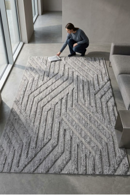Teppich Bodenteppich Kurzflor Geometrisches Linien Muster Wohnzimmer Grau