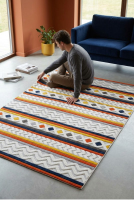 Teppich Kurzflor Retro Design Ornamente Bunt Kinderstube Wohnzimmer Teppiche