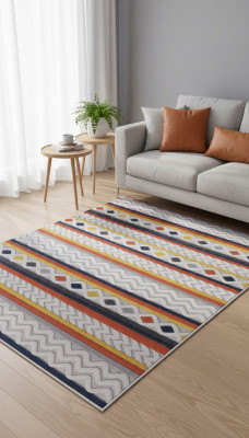 Teppich Kurzflor Retro Design Ornamente Bunt Kinderstube Wohnzimmer Teppiche