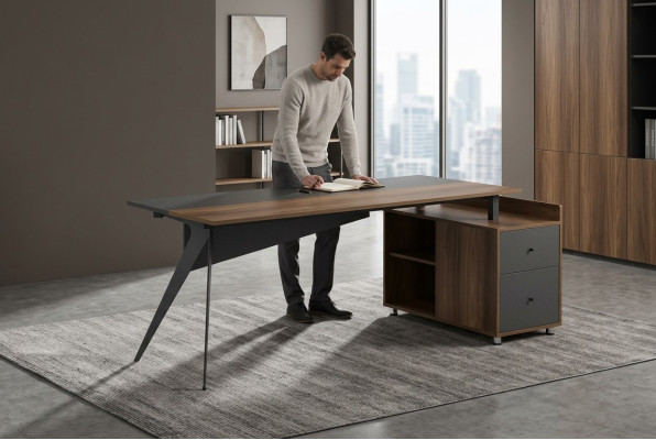 Arbeitstisch Schreibtisch Bürotisch mit Schrank Arbeitszimmer Braun-Grau