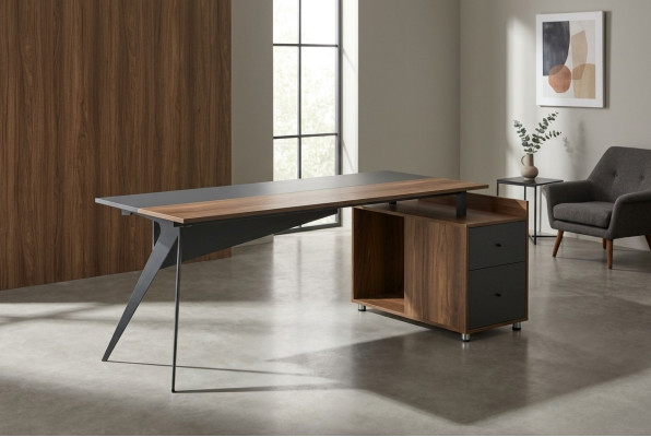 Arbeitstisch Schreibtisch Bürotisch mit Schrank Arbeitszimmer Braun-Grau