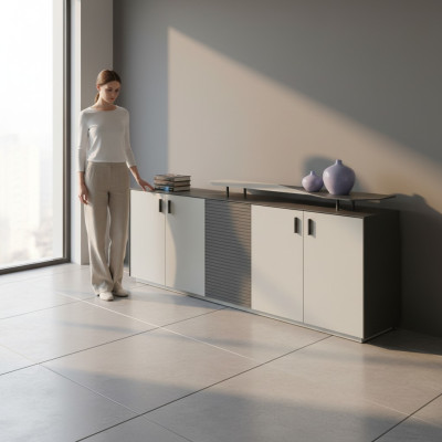Sideboard Beistellschrank Schrank Kommode Beige Grau Holz Büromöbel