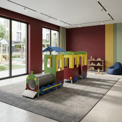 Spielplatz Kinderspielareal Spielhäuschen Balancierbalken Bewegungsfläche