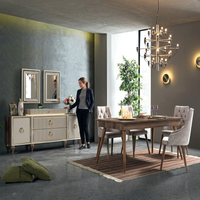 Esszimmer Set Tisch 4x Stühle Design Modern Sideboard Esstisch Beige