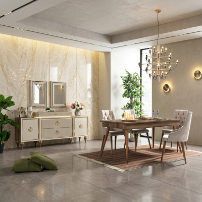 Esszimmer Set Tisch 4x Stühle Design Modern Sideboard Esstisch Beige