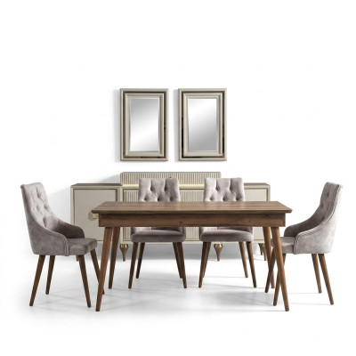 Esszimmer Set Tisch 4x Stühle Design Modern Sideboard Esstisch Beige
