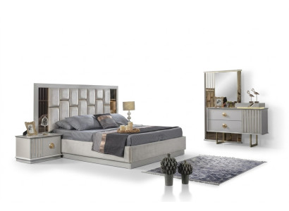Schlafzimmer Weiß stilvoll Komplettes Bett 2x Nachttische Kommode mit Spiegel