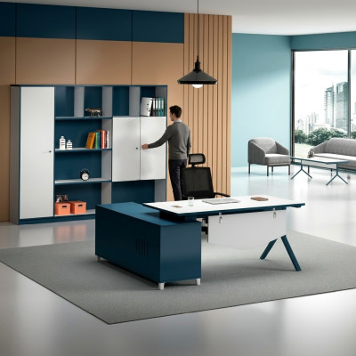 Arbeitszimmer Blau-Weißer Schreibtisch Designer Holz Tisch Edle Möbel