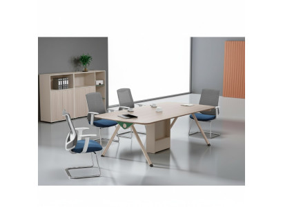 Beige Arbeitszimmer Garnitur Designer Konferenztisch Edle Holz Schränke