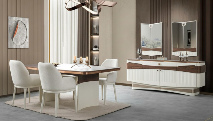 Esszimmer Komplett Esstisch 4x Polsterstühle Sideboard 2x Spiegele Weiß 8tlg