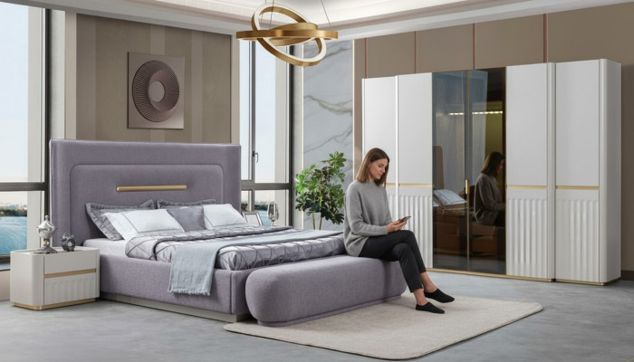 Schlafzimmer Set Kleiderschrank Bett 2x Nachttische Sitzbank Violett Komplett