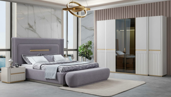 Schlafzimmer Set Kleiderschrank Bett 2x Nachttische Sitzbank Violett Komplett