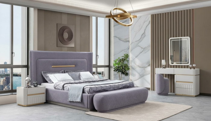 Schlafzimmer Bett Sitzbank Nachttische Schminktisch Pouf Spiegel Violett 7tlg