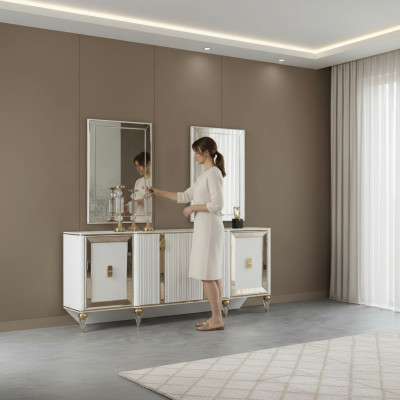 Esszimmer Sideboard Kommode Schrank mit 2x Spiegele Weiß Gold Edelstahl