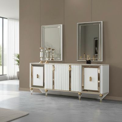 Esszimmer Sideboard Kommode Schrank mit 2x Spiegele Weiß Gold Edelstahl