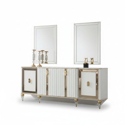 Esszimmer Sideboard Kommode Schrank mit 2x Spiegele Weiß Gold Edelstahl