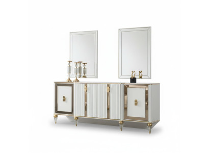 Esszimmer Sideboard Kommode Schrank mit 2x Spiegele Weiß Gold Edelstahl