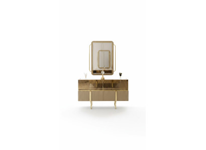 Kommode Verspiegelt mit Spiegel Gold Edelstahl Holz Luxus Wohnzimmer
