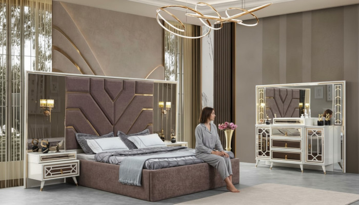Bett Kommode mit Spiegel 2x Nachttische Edelstahl Gold Luxus Möbel 4tlg
