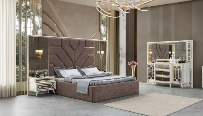 Bett Kommode mit Spiegel 2x Nachttische Edelstahl Gold Luxus Möbel 4tlg