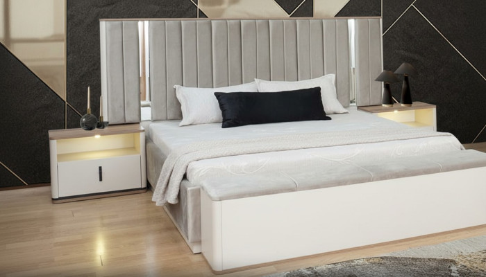 Schlafzimmer Set Polsterbett Bett Nachttische  Mit Beleuchtung Beige