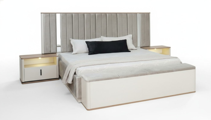Schlafzimmer Set Polsterbett Bett Nachttische  Mit Beleuchtung Beige
