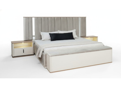 Schlafzimmer Set Polsterbett Bett Nachttische  Mit Beleuchtung Beige
