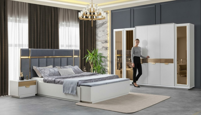 Bett Nachttische Kleiderschrank Verspiegelt Bank Weiß Gold Blau Edelstahl 5tlg