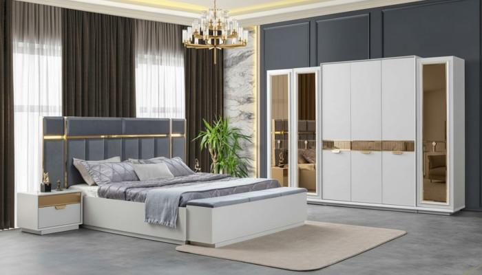 Bett Nachttische Kleiderschrank Verspiegelt Bank Weiß Gold Blau Edelstahl 5tlg