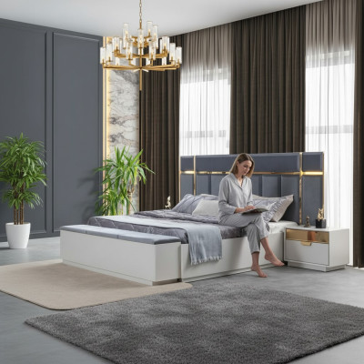 Schlafzimmer Komplett Polsterbett Bank Nachttische Edelstahl Weiß Blau 4tlg