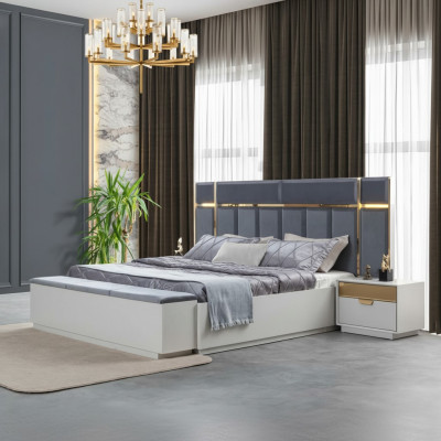 Schlafzimmer Komplett Polsterbett Bank Nachttische Edelstahl Weiß Blau 4tlg