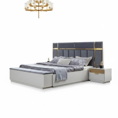 Schlafzimmer Komplett Polsterbett Bank Nachttische Edelstahl Weiß Blau 4tlg