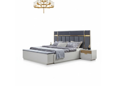 Schlafzimmer Komplett Polsterbett Bank Nachttische Edelstahl Weiß Blau 4tlg