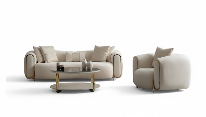 Beige Sofa Couch Sofagarnitur Relaxgarnitur Polsterset Loungemöbel 3+1 Tisch