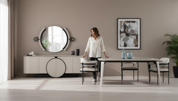 Essgruppe Esszimmer Set Esstisch mit 4x Stühlen Sideboard Spiegel Weiß