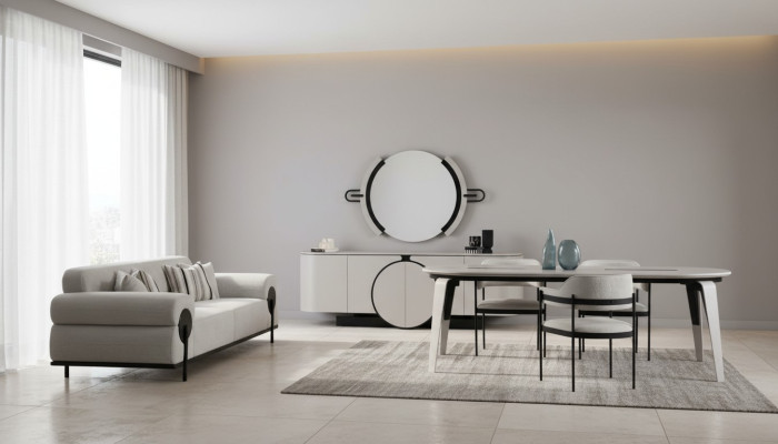 Esszimmergruppe Esstisch 4x Stühle Sideboard mit Spiegel Sofa 3 sitzer