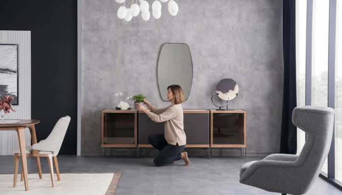Sideboard Anrichte mit Spiegel Mit Glasfront Marmoroptik Holz Edelstahl