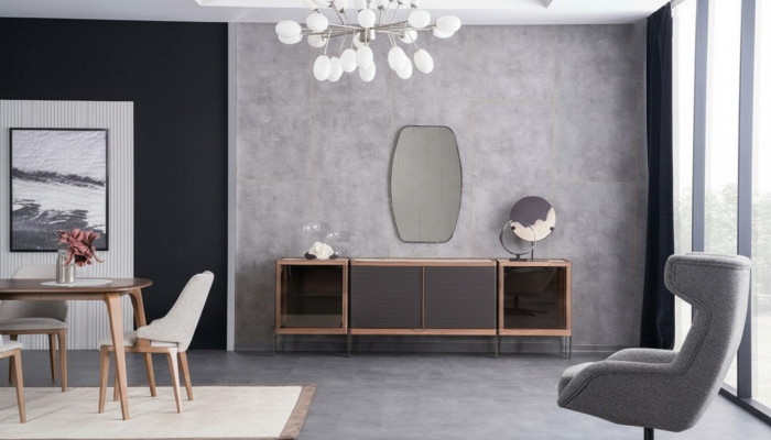 Sideboard Anrichte mit Spiegel Mit Glasfront Marmoroptik Holz Edelstahl